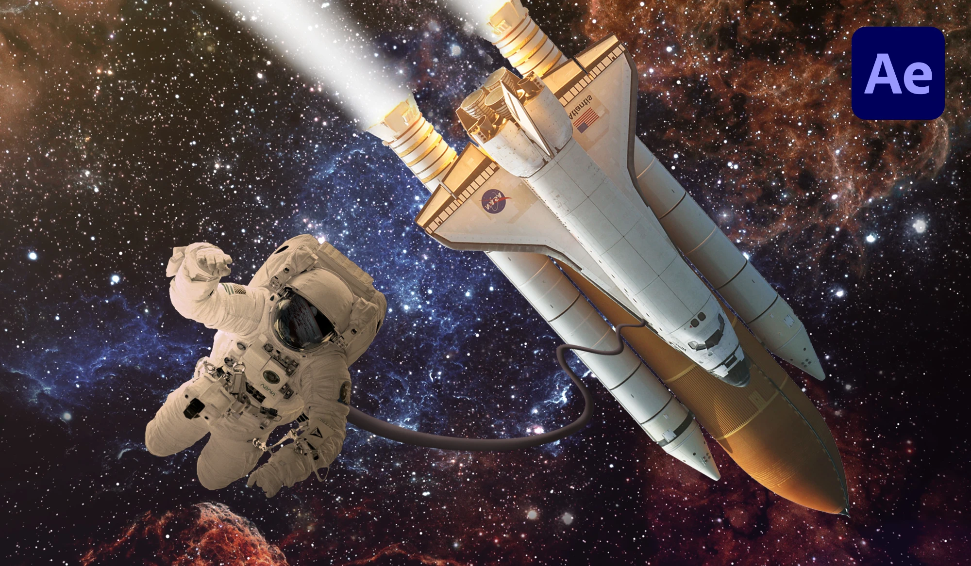 Et rommskip som suser gjennom verdensrommet, forbi en astronaut og jorden